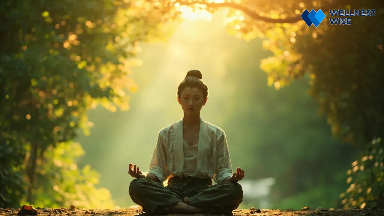 Person finding inner peace and well-being through mindful living and healthy diet