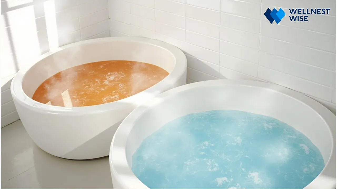 DIY home setup for contrast therapy using two tubs in a bathroom.