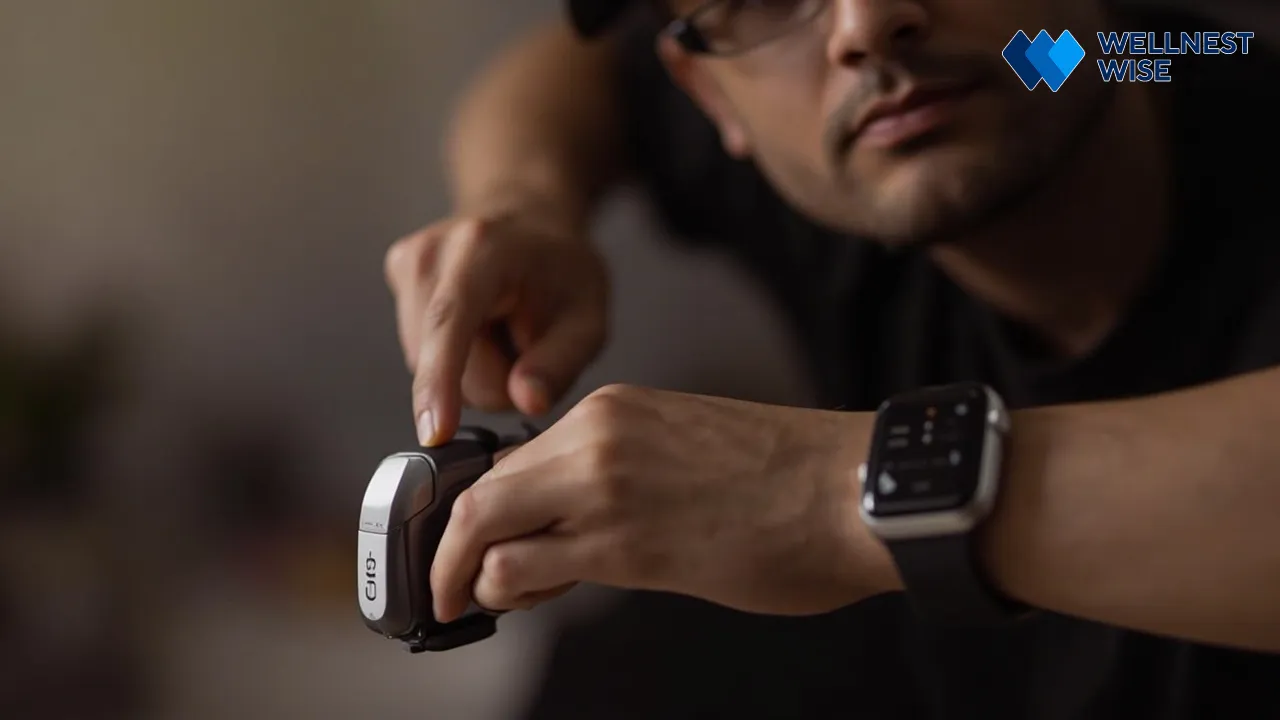 Person measuring HRV with a device and smartwatch
