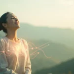 Person meditating with subtle visual representation of heart rate variability for mental health