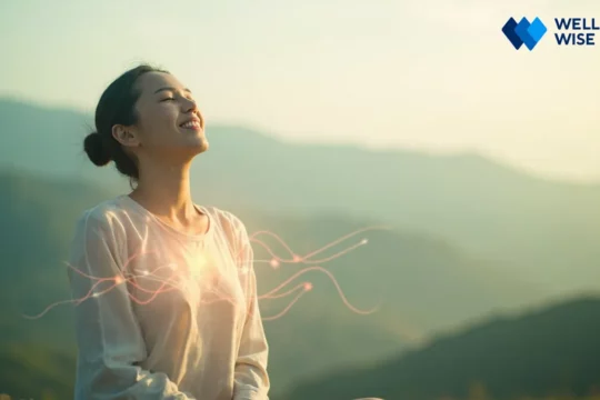 Person meditating with subtle visual representation of heart rate variability for mental health