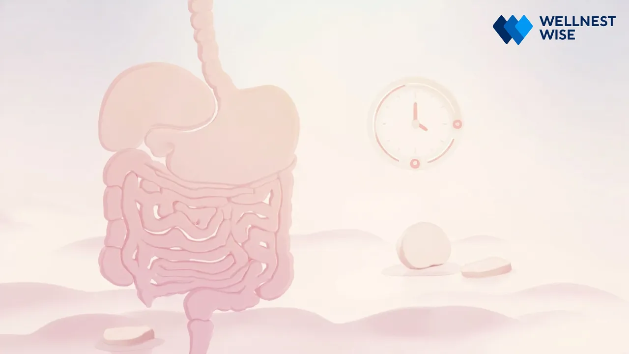Illustration showing a healthy digestive system with a calendar icon, representing structured treatment cycles for IBS-D.