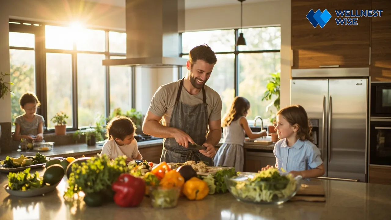 Family preparing a healthy low-carb meal together, symbolizing sustainable and enjoyable healthy eating practices.