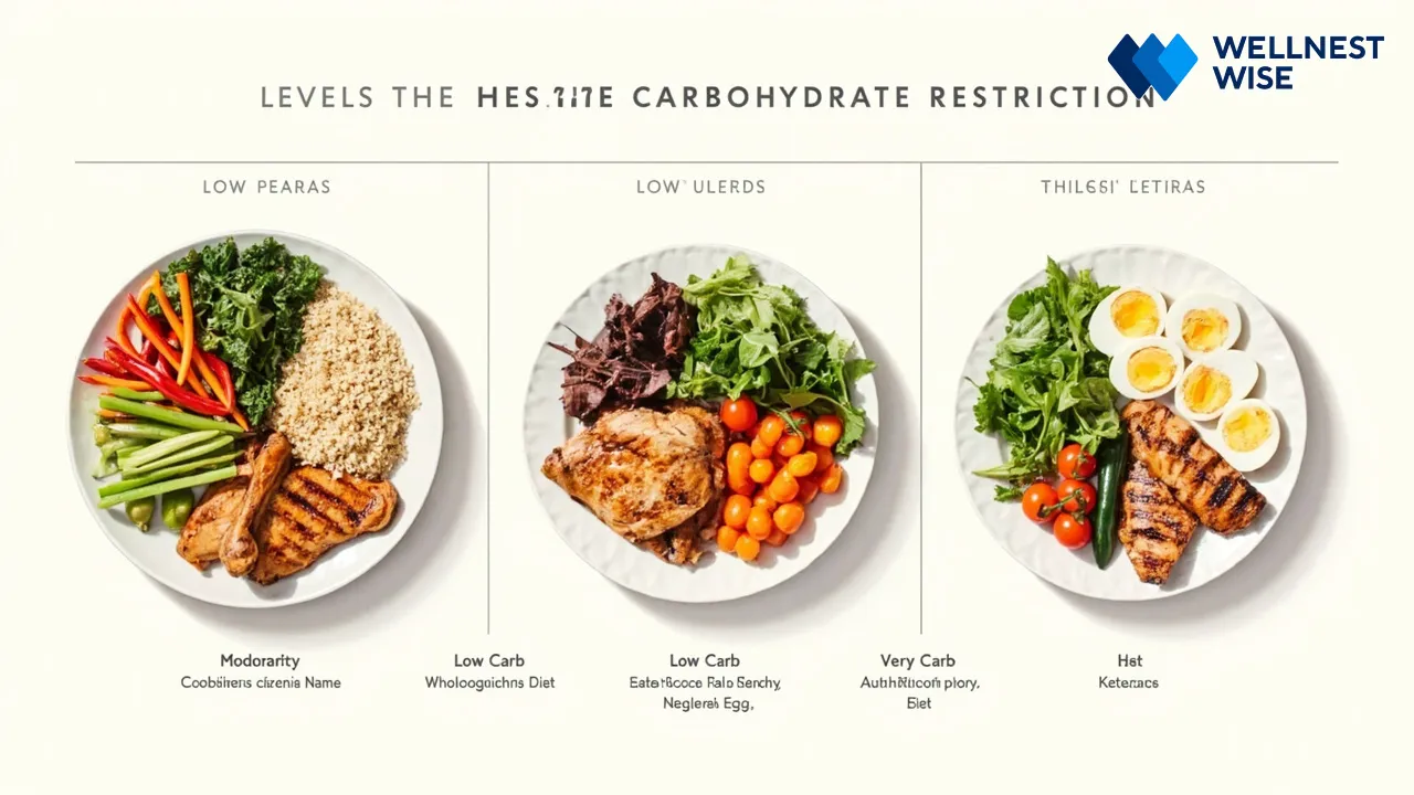 Diagram illustrating the spectrum of low-carb diets, from moderate carbohydrate reduction to very low carbohydrate (ketogenic) intake, with macronutrient proportions.