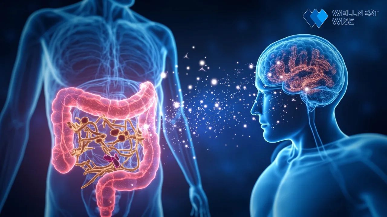 Gut microbes influencing brain function and neurotransmitter production.