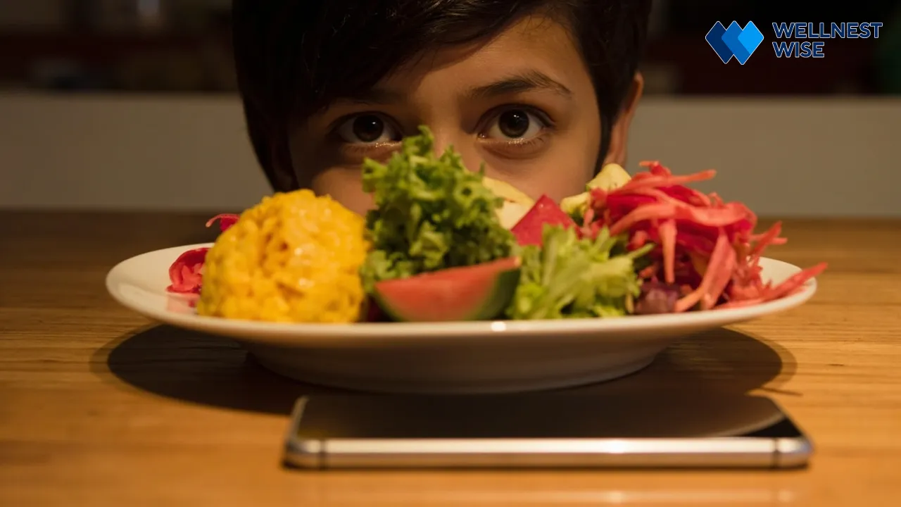 Healthy meal on table with smartphone face down, emphasizing mindful eating