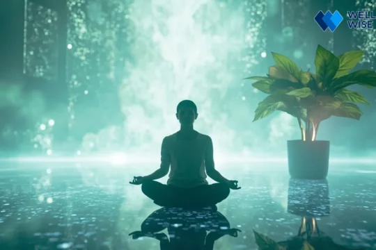 Futuristic meditation scene showing evolving mindfulness practices in 2025