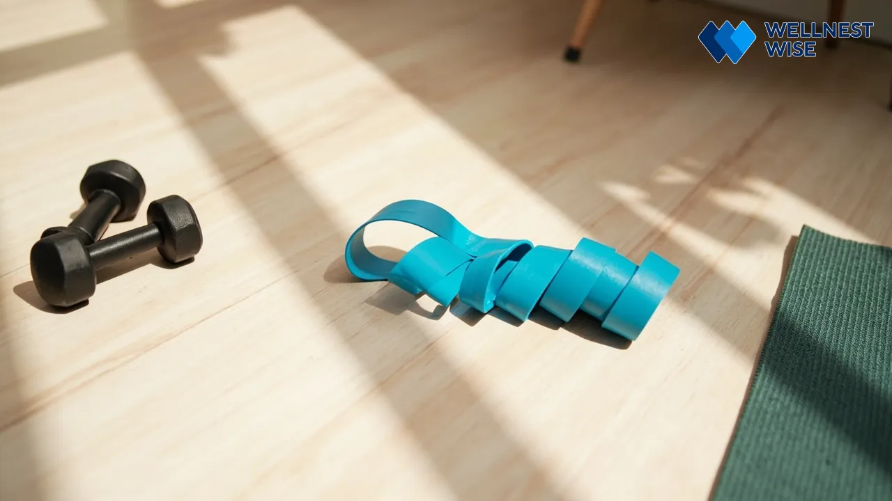 Minimalist home gym equipment: resistance band, dumbbell, yoga mat