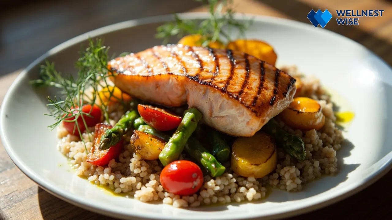 Healthy salmon and vegetable meal for MS and fatty liver diet