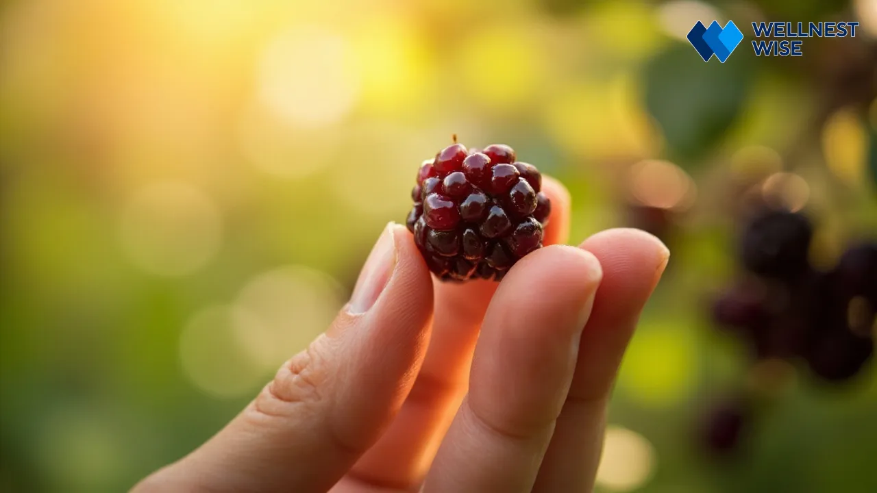 A single ripe mulberry held delicately, emphasizing careful consumption.