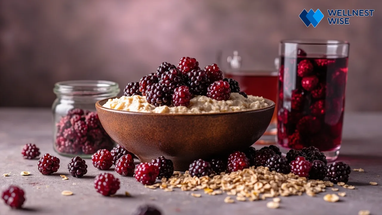 Collection of dishes featuring mulberries, including oatmeal, dried mulberries, and tea.