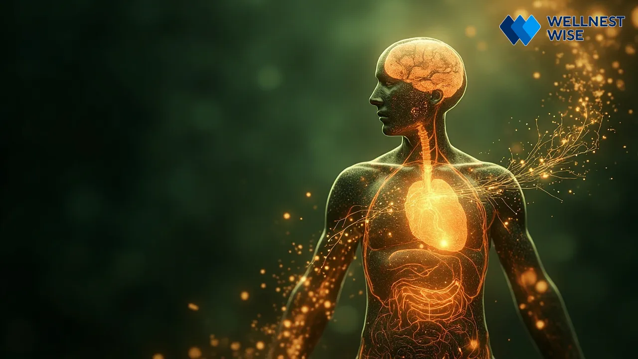 Abstract illustration of health benefits, showing mulberries enhancing human organ systems.