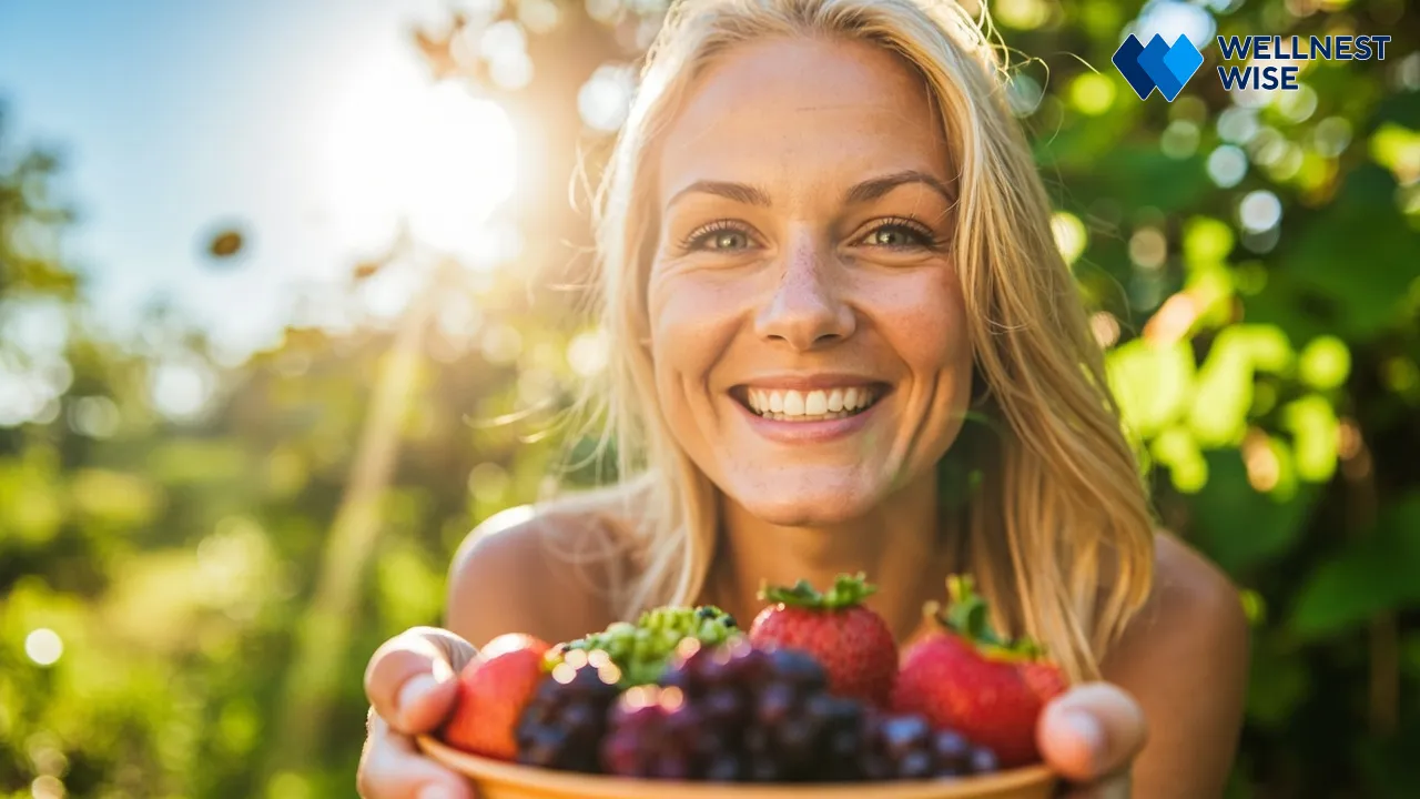 Healthy person smiling and holding a bowl of fresh fruit including mulberries, symbolizing vitality.