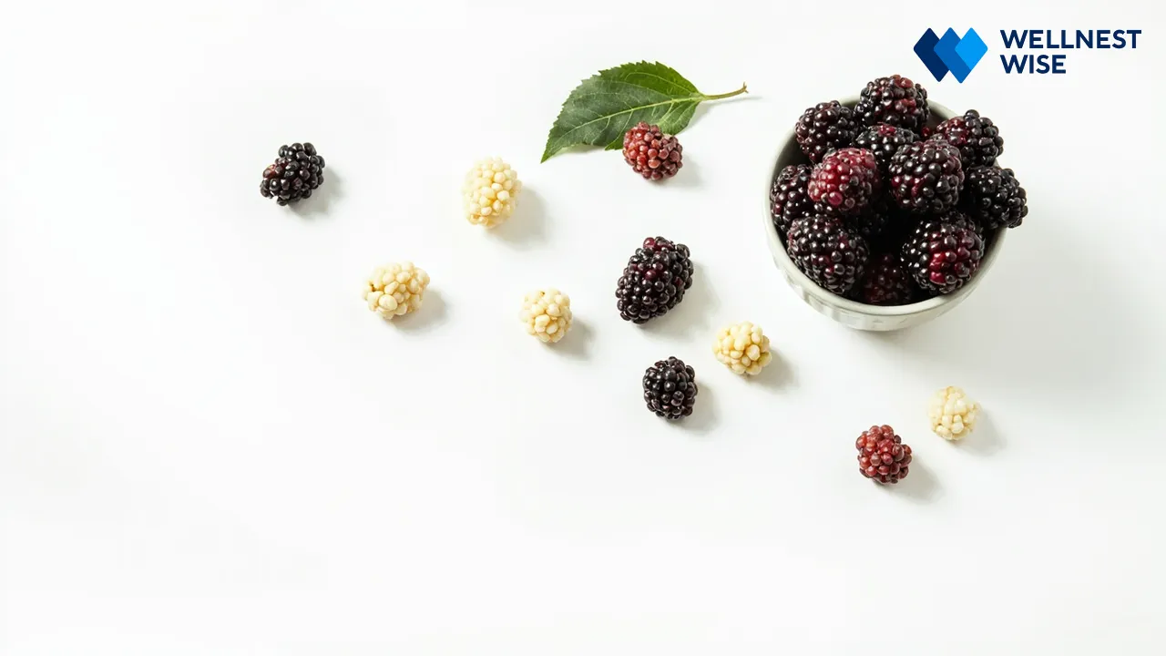 Dried and fresh mulberries with a mulberry leaf, highlighting nutritional value.