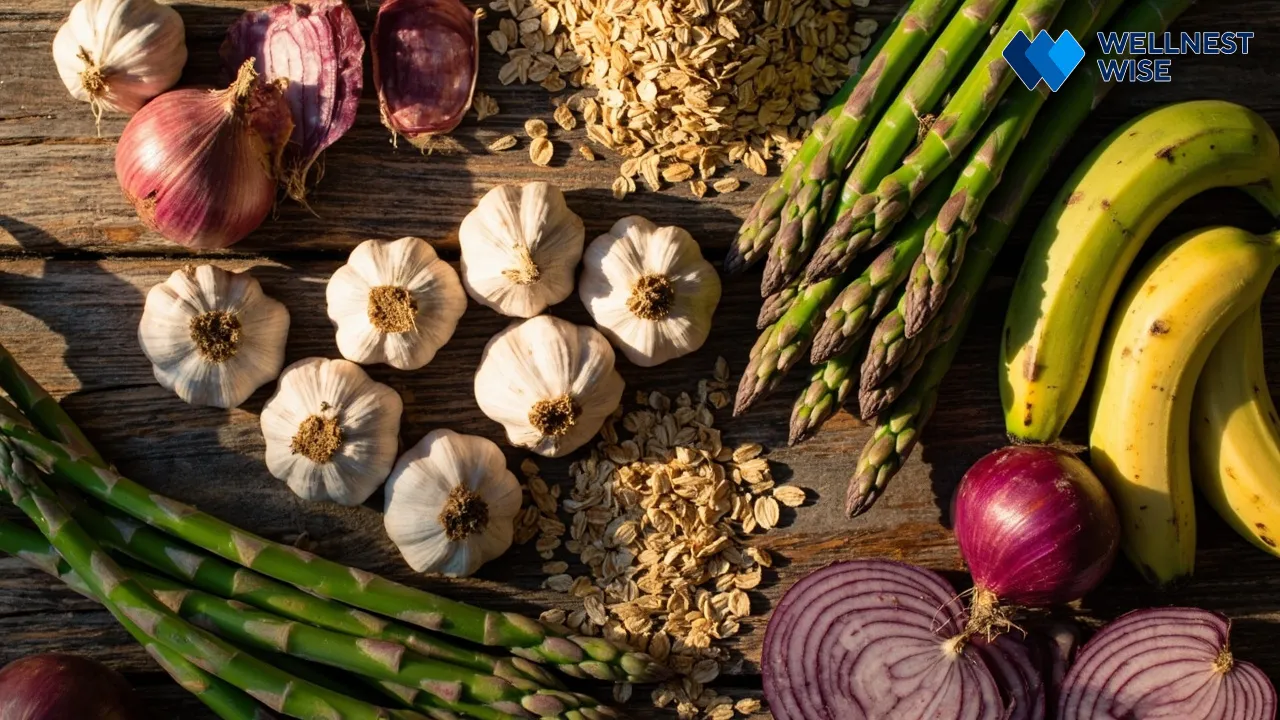Close-up of diverse natural prebiotic-rich foods like garlic, onions, bananas, and oats.