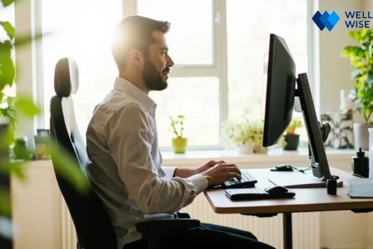 Person with good posture at an ergonomically set up desk in a modern office.