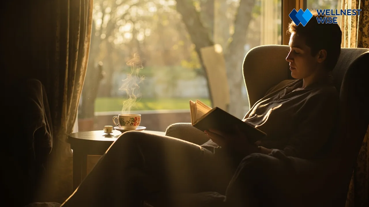 Person enjoying quiet time in a cozy setting, promoting relaxation