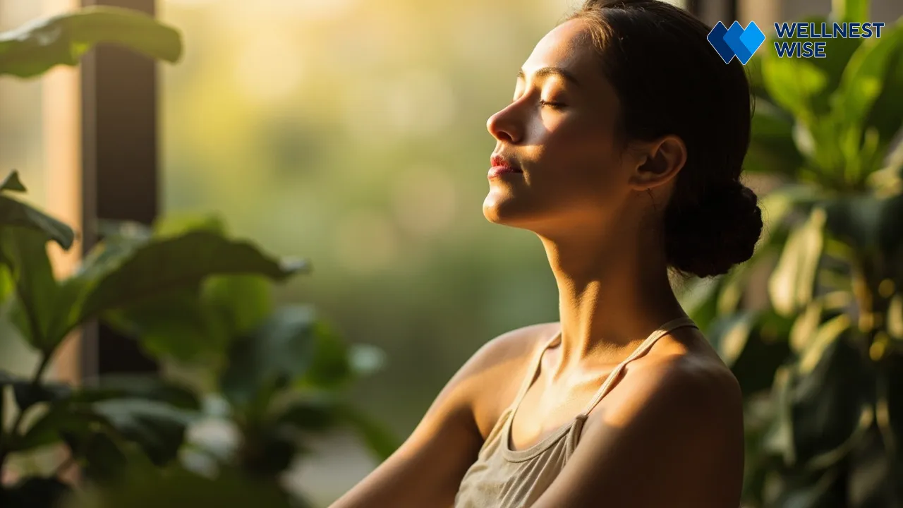 Person practicing 5.5 second breath for coherent breathing and relaxation
