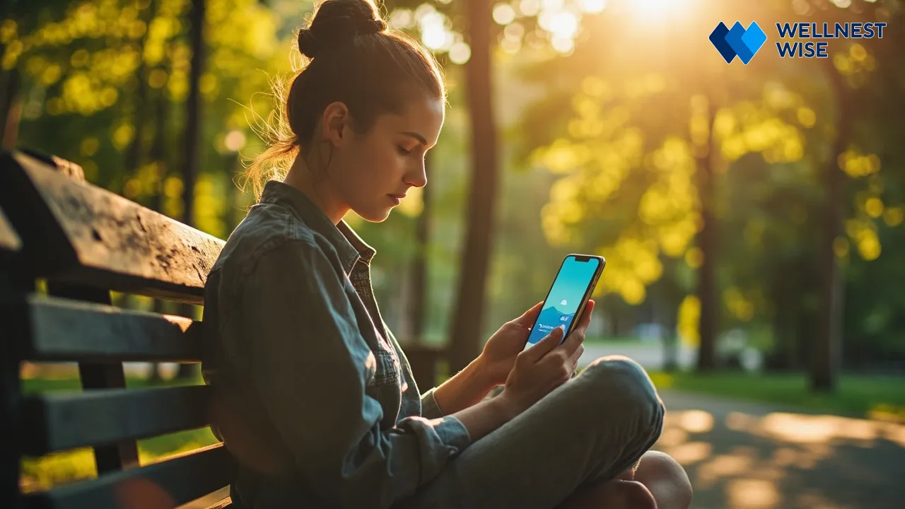 Individual using a meditation app on a smartphone in a peaceful park setting