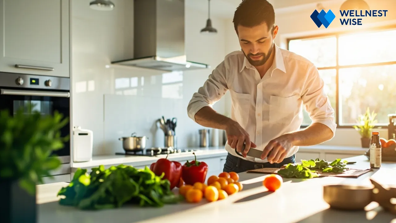 Person preparing a healthy low-carb meal in a kitchen, emphasizing personalized meal planning and food quality.