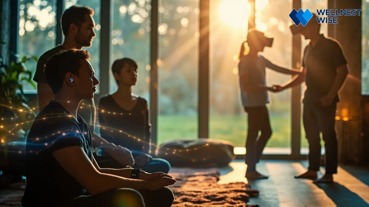 Diverse individuals practicing personalized mindfulness in various settings