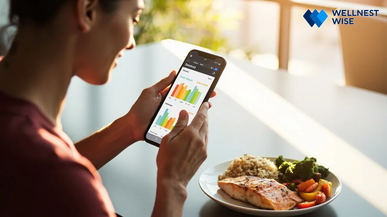 Nutrition tracking app on tablet showing personalized diet insights with a healthy meal, emphasizing data-driven nutrition.
