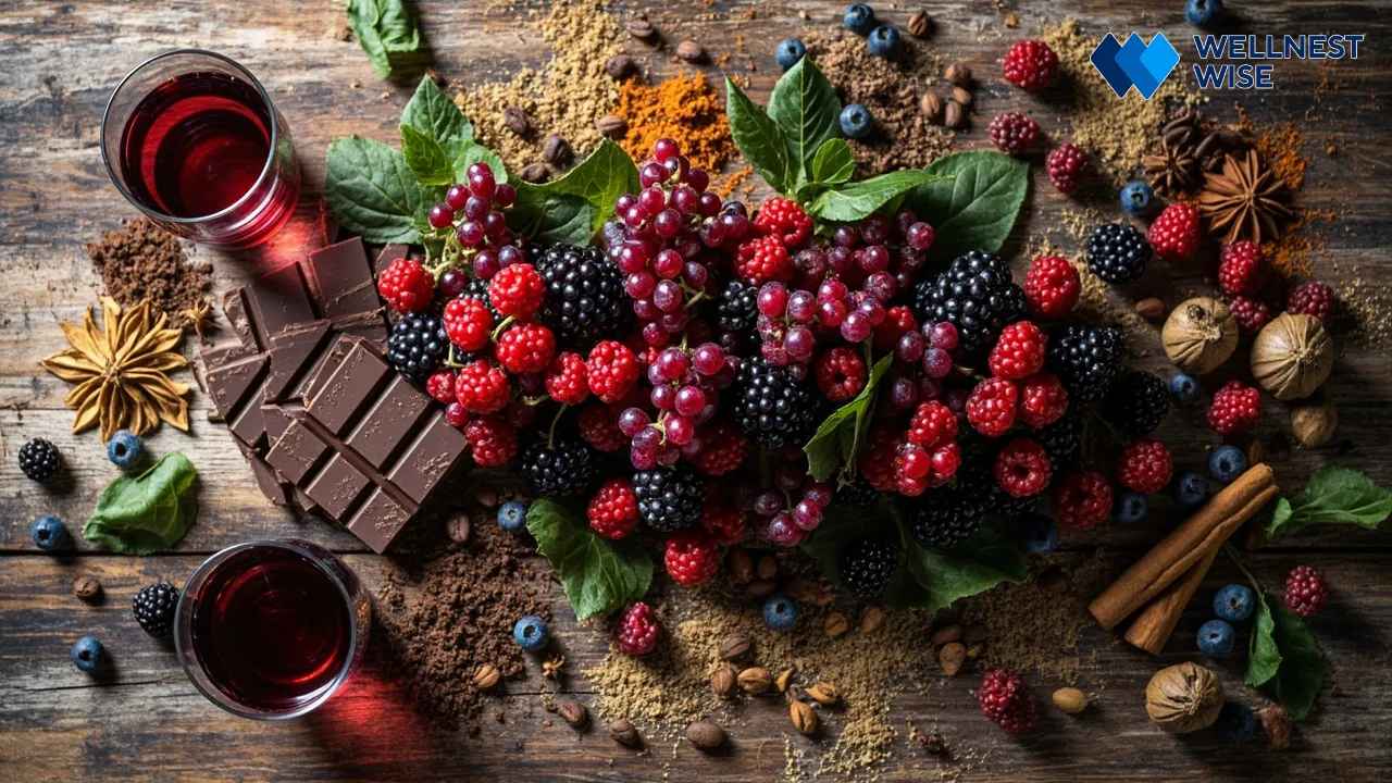 Assortment of top polyphenol-rich foods like berries, dark chocolate, tea, and spices