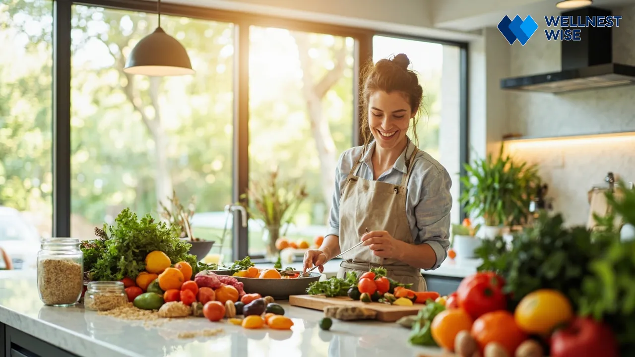 Person preparing a healthy meal rich in polyphenols in a bright kitchen