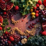 Assortment of polyphenol-rich foods surrounding an illustration of a healthy gut microbiome