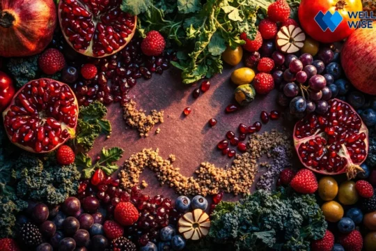 Assortment of polyphenol-rich foods surrounding an illustration of a healthy gut microbiome