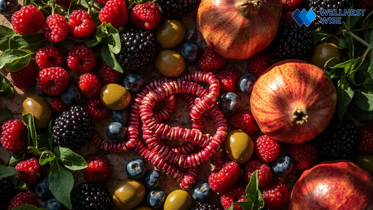 Assortment of polyphenol-rich foods surrounding an illustration of a healthy gut microbiome