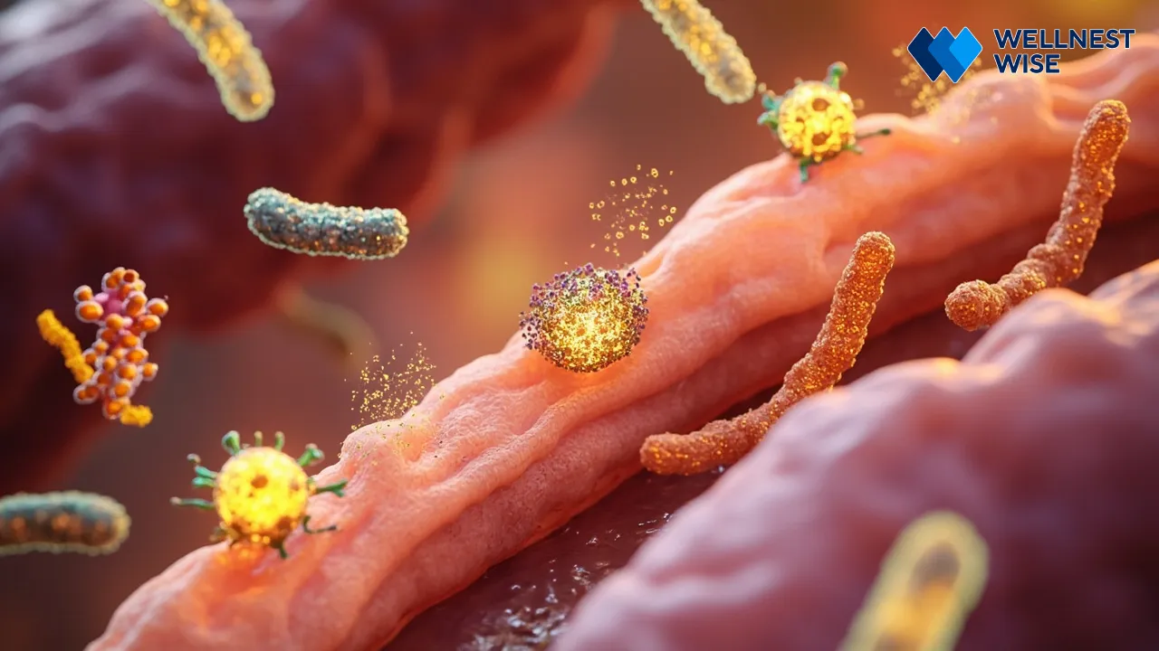 Microscopic view of polyphenols interacting with gut bacteria within the intestinal lining