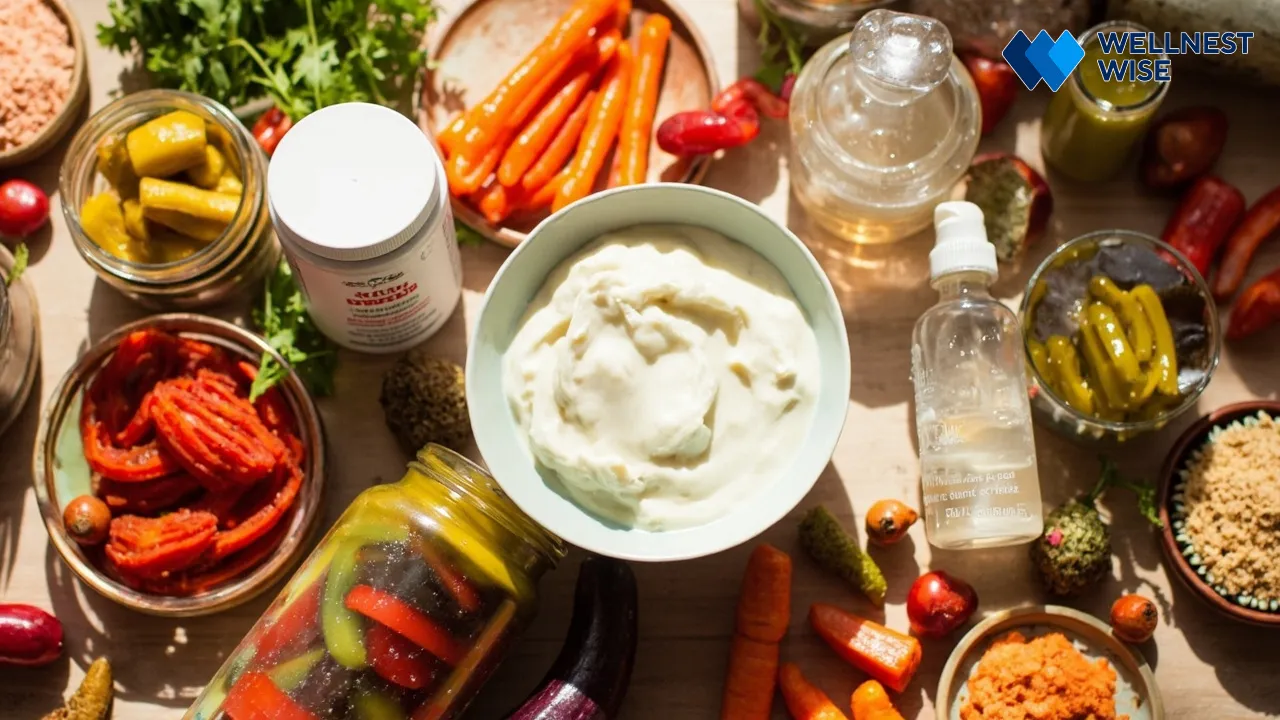 Assortment of Iranian fermented foods and a modern postbiotic supplement bottle, representing sources.