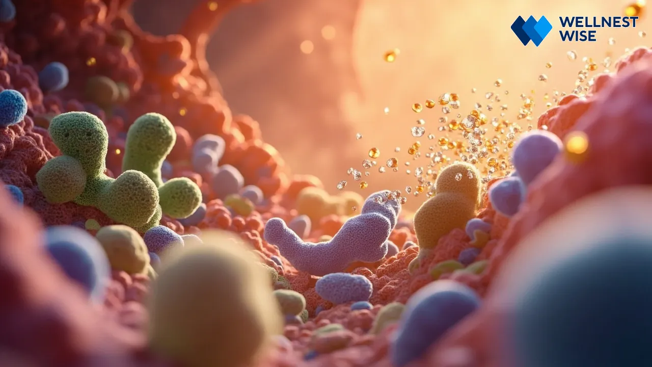 Microscopic view of gut bacteria fermenting, releasing small, vibrant postbiotic molecules.