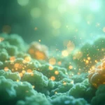 Abstract representation of gut bacteria releasing postbiotic compounds, symbolizing advanced gut health and wellness