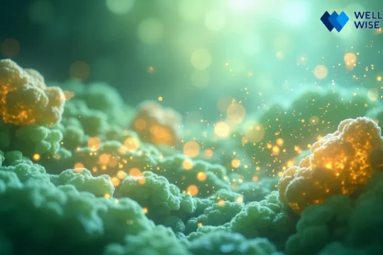 Abstract representation of gut bacteria releasing postbiotic compounds, symbolizing advanced gut health and wellness
