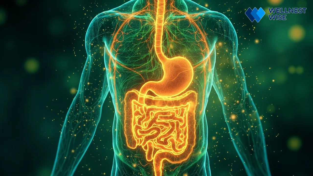 Abstract representation of a healthy human body with a radiant gut, symbolizing the holistic benefits of postbiotics.