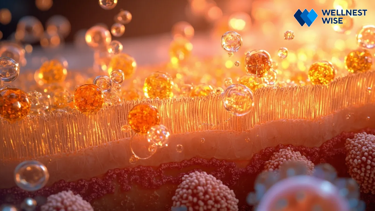 Microscopic view of postbiotics interacting with intestinal cells and immune cells on the gut lining.