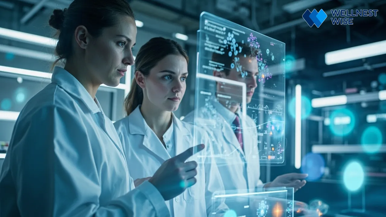 Scientists in a futuristic lab analyzing postbiotic research data on advanced screens, symbolizing future advancements.