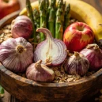 Assortment of prebiotic-rich foods like garlic, onions, asparagus, bananas, and oats for gut health