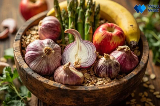 Assortment of prebiotic-rich foods like garlic, onions, asparagus, bananas, and oats for gut health
