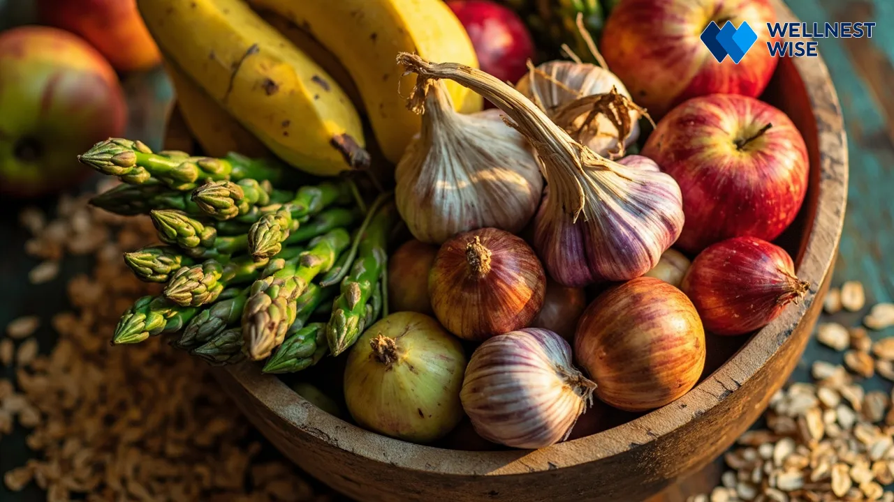 Assortment of prebiotic-rich foods like garlic, onions, asparagus, bananas, and oats for gut health