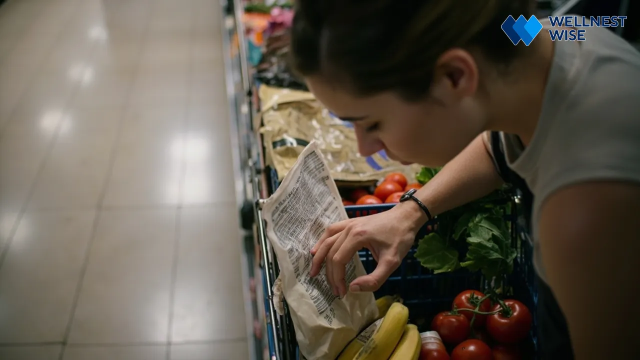 Person reading a food label in a grocery store aisle with fresh produce.