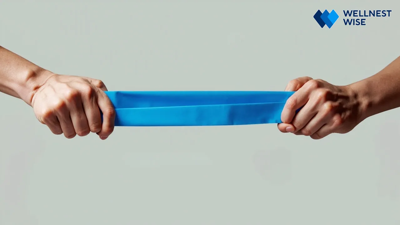 Hands holding resistance band for minimalist workout exercises