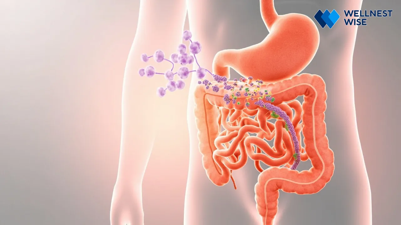 Illustration of resistant starch's journey through the human digestive system.