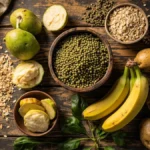 Variety of foods rich in resistant starch including lentils, green bananas, potatoes, and oats, highlighting their natural and healthy origins.