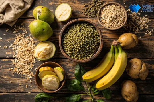 Variety of foods rich in resistant starch including lentils, green bananas, potatoes, and oats, highlighting their natural and healthy origins.