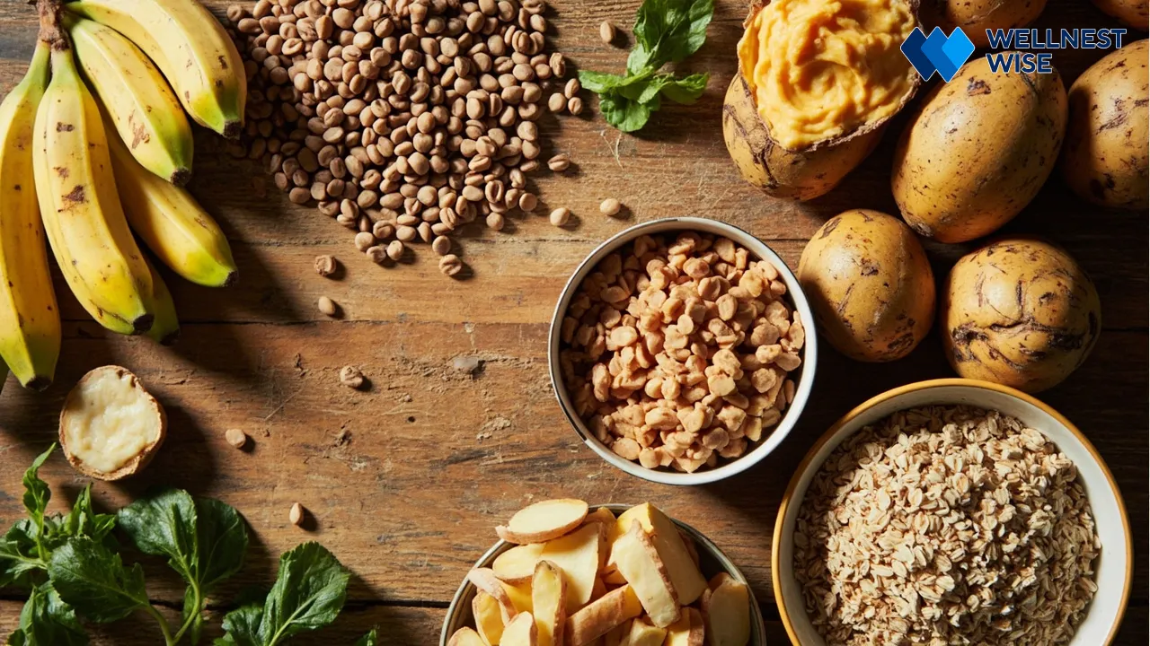 Variety of foods rich in resistant starch including lentils, green bananas, potatoes, and oats, highlighting their natural and healthy origins.