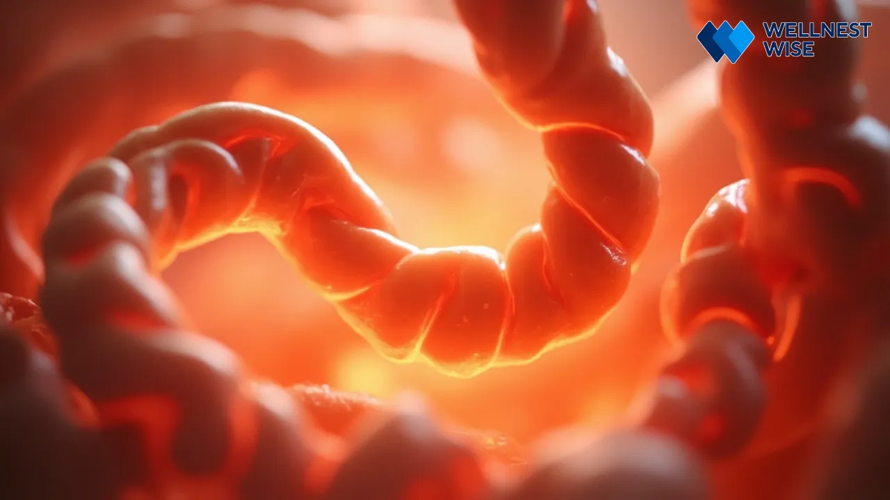 Illustration of the small intestine showing a localized effect, symbolizing Rifaximin\'s non-systemic action for IBS-D.