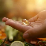 Hand holding a safe, clear supplement capsule against natural herbal ingredients.